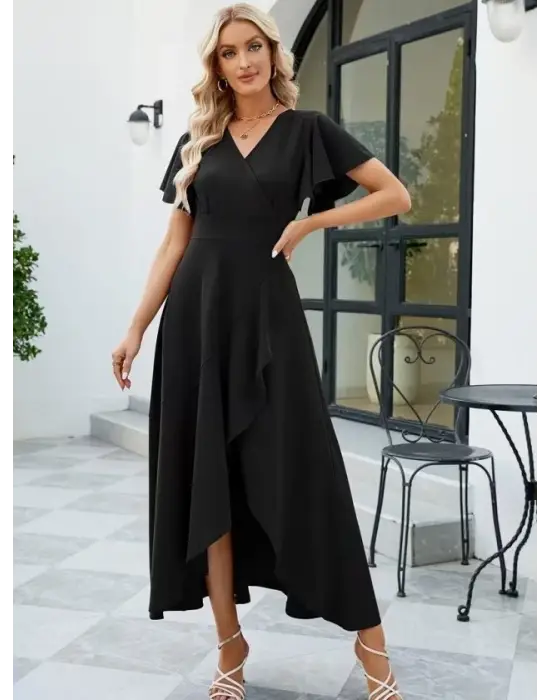 Kadın Kısa Kollu Kruvaze Yakalı ön Asimetrik Volanlı Uzun Ithal Krep Elbise