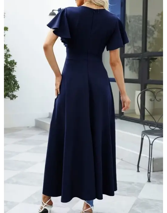 Kadın Kısa Kollu Kruvaze Yakalı ön Asimetrik Volanlı Uzun Ithal Krep Elbise