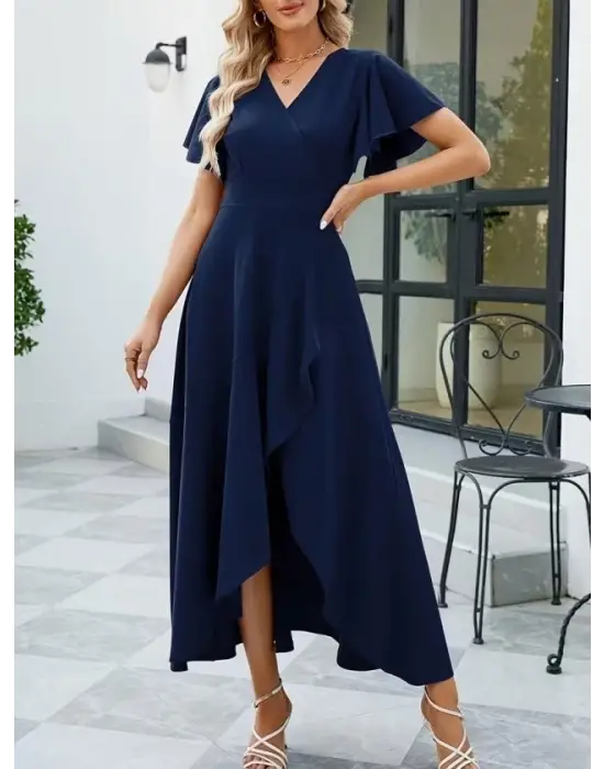 Kadın Kısa Kollu Kruvaze Yakalı ön Asimetrik Volanlı Uzun Ithal Krep Elbise