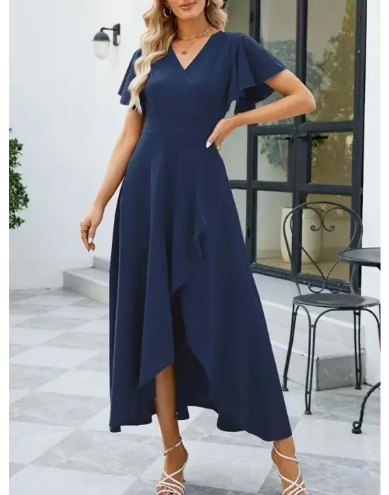 Kadın Kısa Kollu Kruvaze Yakalı ön Asimetrik Volanlı Uzun Ithal Krep Elbise