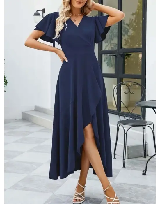 Kadın Kısa Kollu Kruvaze Yakalı ön Asimetrik Volanlı Uzun Ithal Krep Elbise