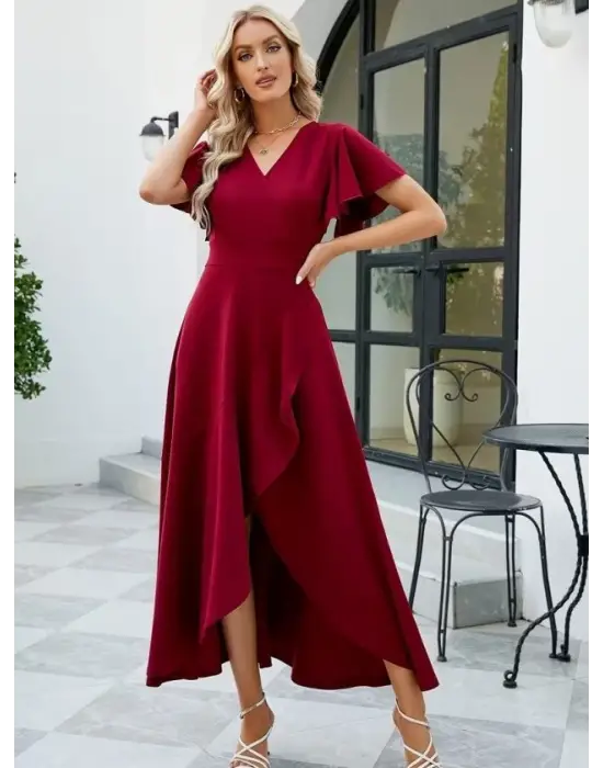 Kadın Kısa Kollu Kruvaze Yakalı ön Asimetrik Volanlı Uzun Ithal Krep Elbise