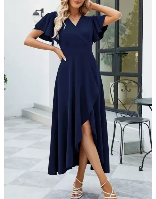 Kadın Kısa Kollu Kruvaze Yakalı ön Asimetrik Volanlı Uzun Ithal Krep Elbise