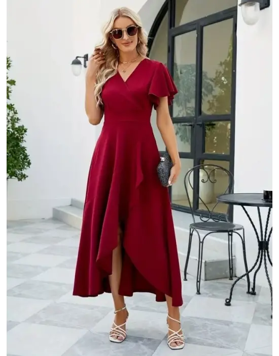 Kadın Kısa Kollu Kruvaze Yakalı ön Asimetrik Volanlı Uzun Ithal Krep Elbise