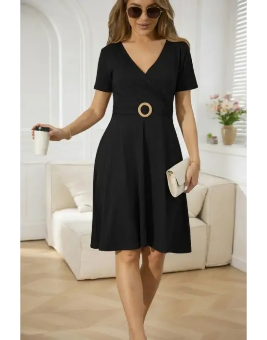 Kadın Kısa Kollu Kruvaze Yakalı önden Toka Detaylı Kısa Viskon Elbise