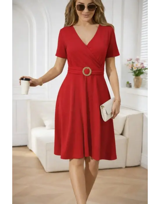 Kadın Kısa Kollu Kruvaze Yakalı önden Toka Detaylı Kısa Viskon Elbise