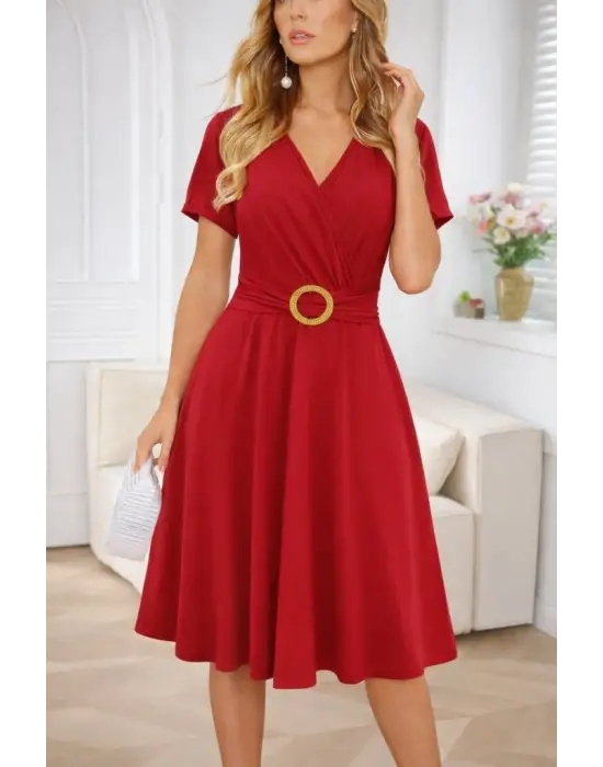 Kadın Kısa Kollu Kruvaze Yakalı önden Toka Detaylı Kısa Viskon Elbise