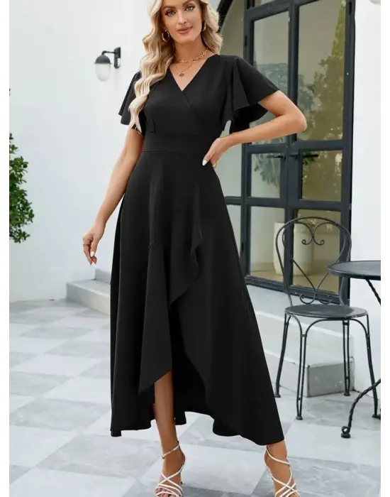 Kadın Kısa Kollu Kruvaze Yakalı önden Volanlı çapraz Kesim Detaylı Maksi Boy Ithal Krep Elbise