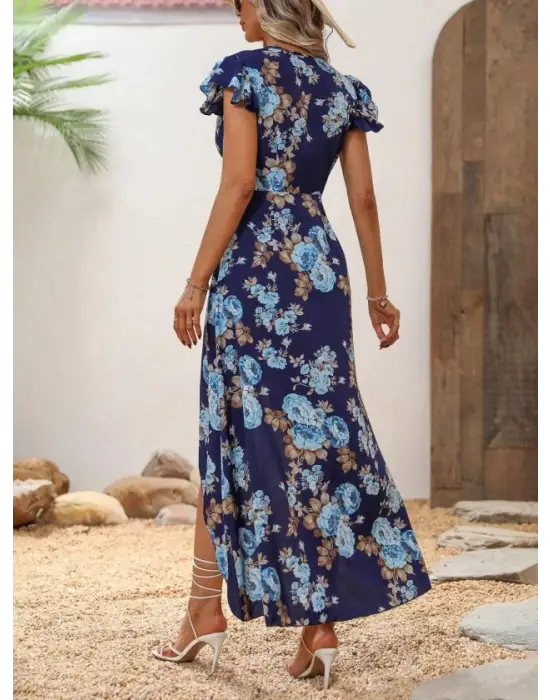 Kadın Kısa Kollu Kruvaze Yakalı önü Asimetrik Detaylı Uzun çiçek Desenli Süprem Elbise
