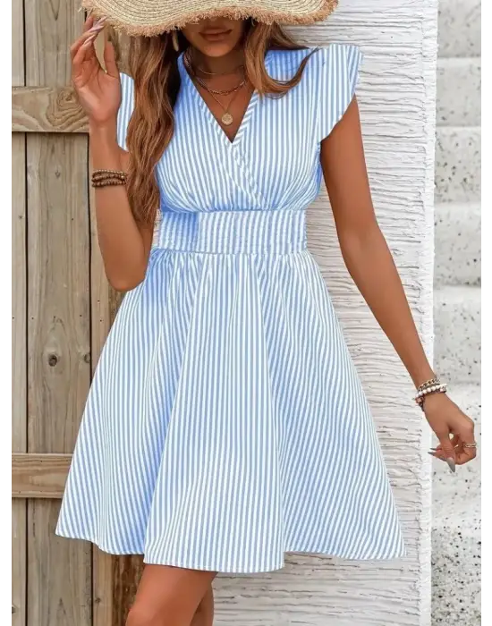 Kadın Kısa Kollu Kruvaze Yakalı Poplin Elbise