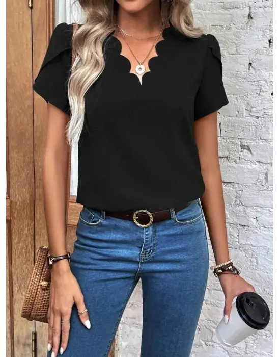 Kadın Kısa Kollu Lazer V Yakalı Ithal Krep Bluz