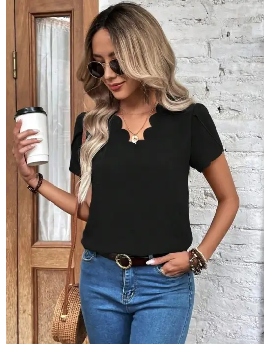 Omarı Lazer V Yakalı Ithal Krep Bluz