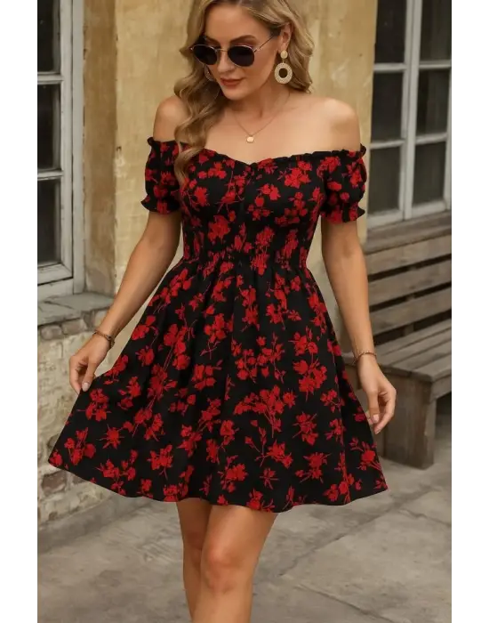Kadın Kısa Kollu Madonna Yaka Beli Lastikli çiçek Desenli Kısa Süprem Elbise