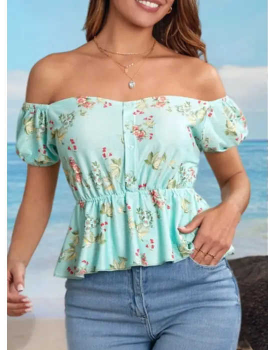 Kadın Kısa Kollu Madonna Yaka çiçek Desenli Düğme Detay Gipeli Süprem Kumaş Bluz