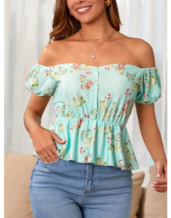 Kadın Kısa Kollu Madonna Yaka çiçek Desenli Düğme Detay Gipeli Süprem Kumaş Bluz