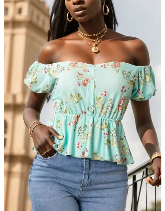 Kadın Kısa Kollu Madonna Yaka çiçek Desenli Düğme Detay Gipeli Süprem Kumaş Bluz