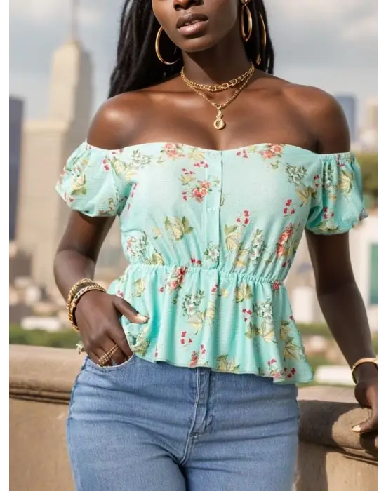 Kadın Kısa Kollu Madonna Yaka çiçek Desenli Düğme Detay Gipeli Süprem Kumaş Bluz