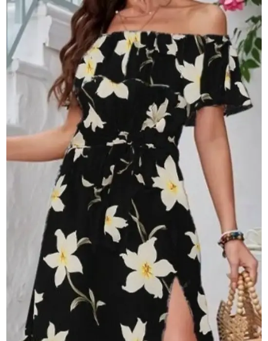 Kadın Kısa Kollu Madonna Yaka Fırfırlı Belden Yırtmaçlı Maksi örme Krep Elbise