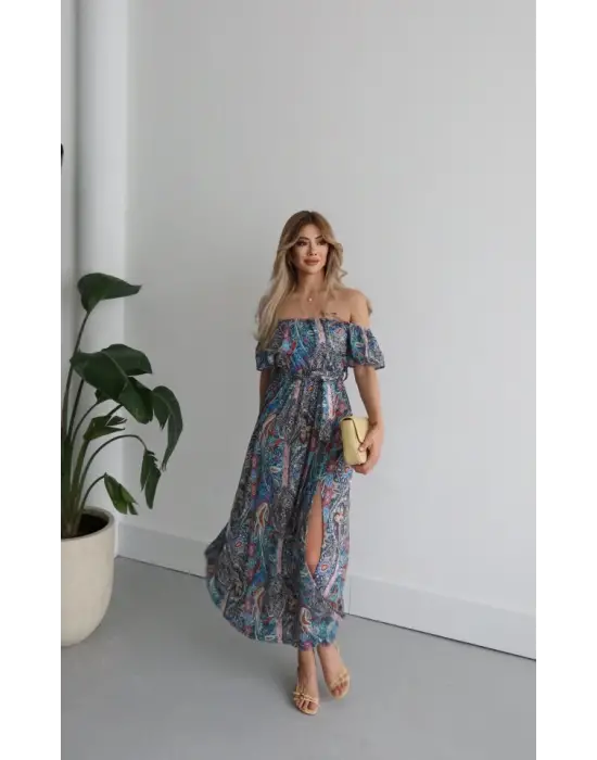 Kadın Kısa Kollu Madonna Yaka Fırfırlı Belden Yırtmaçlı Maksi Süprem Elbise