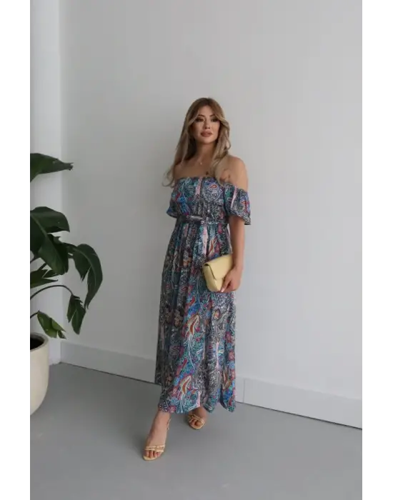 Kadın Kısa Kollu Madonna Yaka Fırfırlı Belden Yırtmaçlı Maksi Süprem Elbise