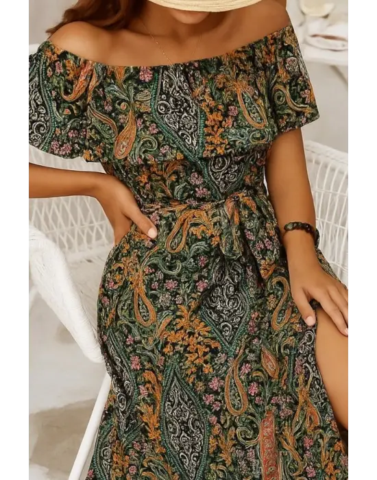 Kadın Kısa Kollu Madonna Yaka Fırfırlı Belden Yırtmaçlı Maksi Süprem Elbise