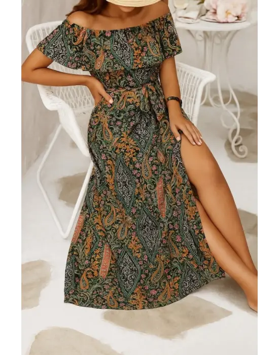 Kadın Kısa Kollu Madonna Yaka Fırfırlı Belden Yırtmaçlı Maksi Süprem Elbise