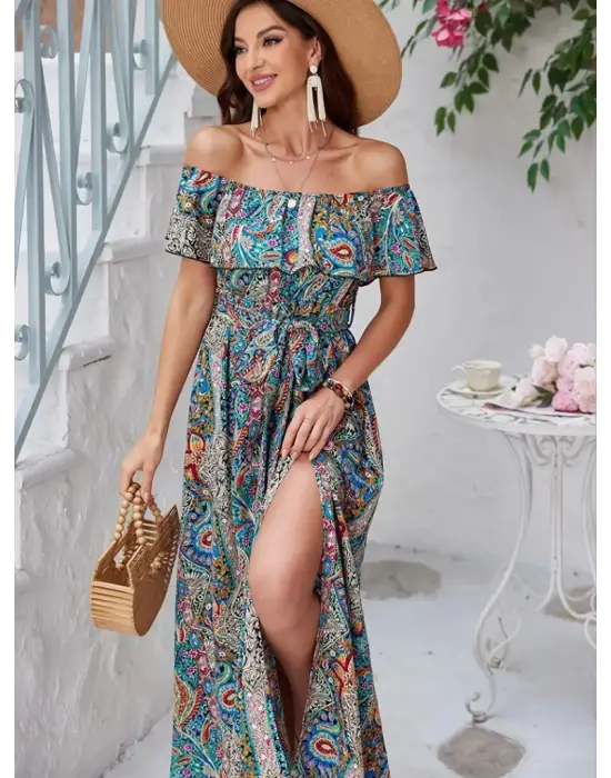 Kadın Kısa Kollu Madonna Yaka Fırfırlı Belden Yırtmaçlı Maksi Süprem Elbise