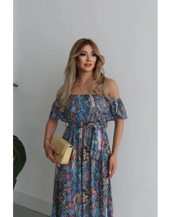 Kadın Kısa Kollu Madonna Yaka Fırfırlı Belden Yırtmaçlı Maksi Süprem Elbise