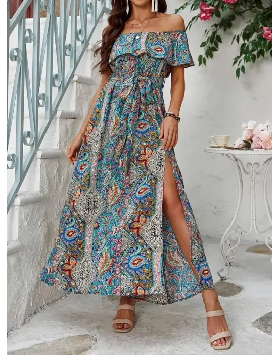 Kadın Kısa Kollu Madonna Yaka Fırfırlı Belden Yırtmaçlı Maksi Süprem Elbise