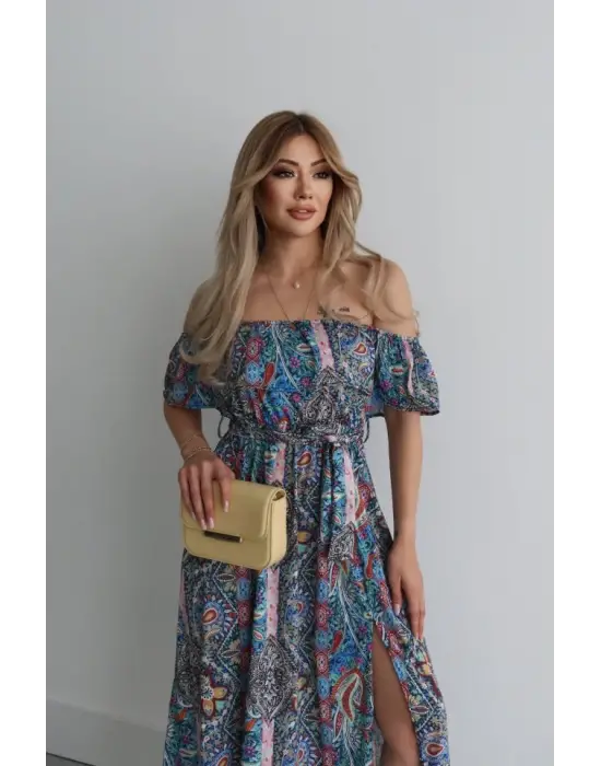 Kadın Kısa Kollu Madonna Yaka Fırfırlı Belden Yırtmaçlı Maksi Süprem Elbise