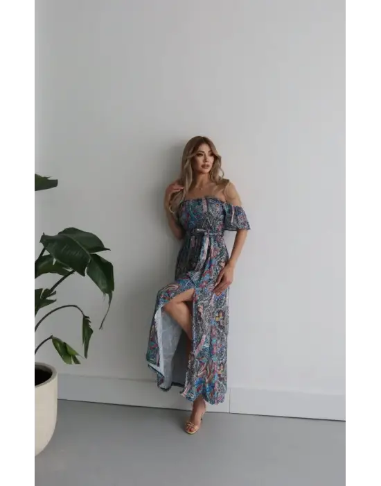 Kadın Kısa Kollu Madonna Yaka Fırfırlı Belden Yırtmaçlı Maksi Süprem Elbise