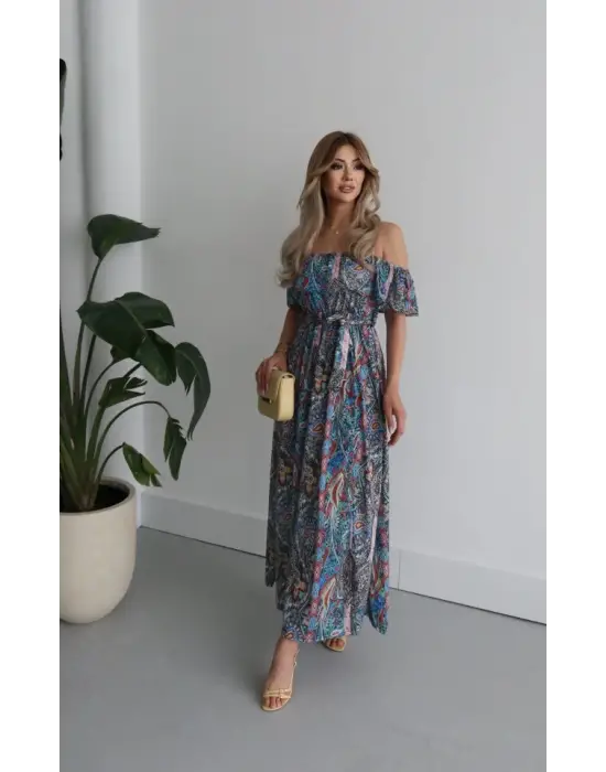 Kadın Kısa Kollu Madonna Yaka Fırfırlı Belden Yırtmaçlı Maksi Süprem Elbise