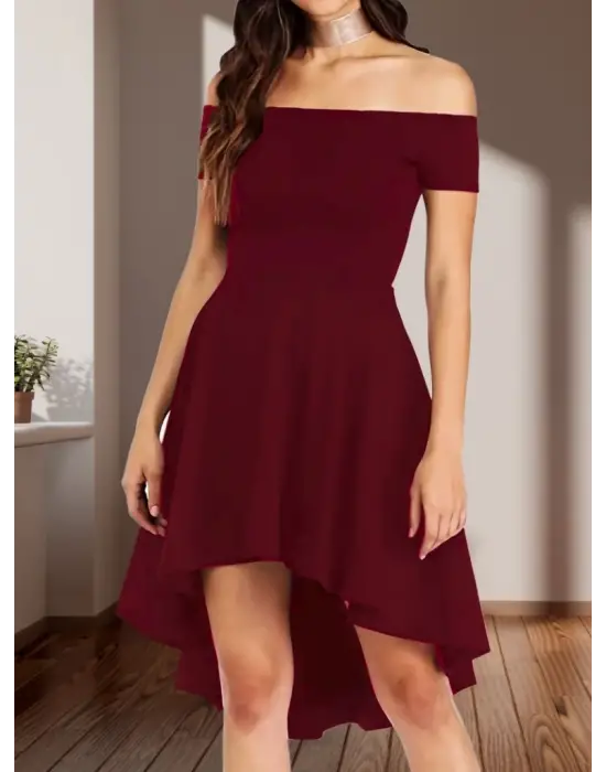 Kadın Kısa Kollu Madonna Yaka önü Kısa Arkası Uzun Ithal Krep Elbise