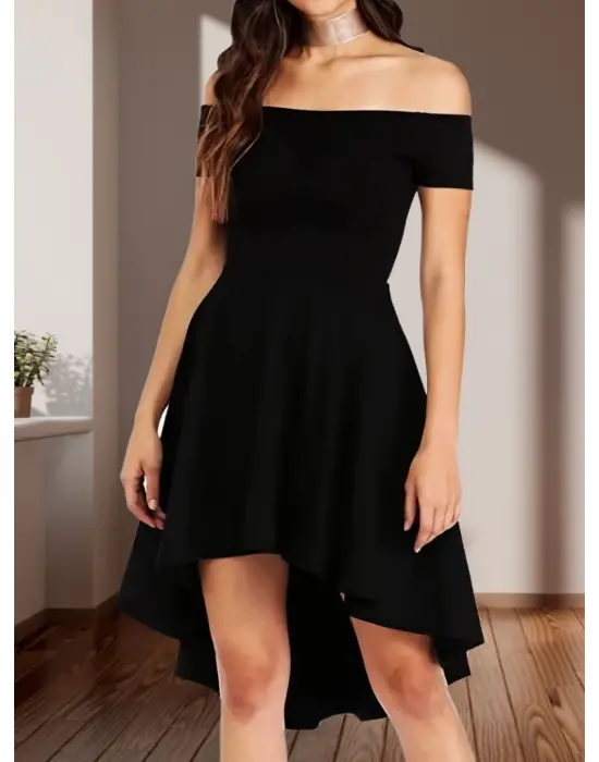 Kadın Kısa Kollu Madonna Yaka önü Kısa Arkası Uzun Ithal Krep Elbise