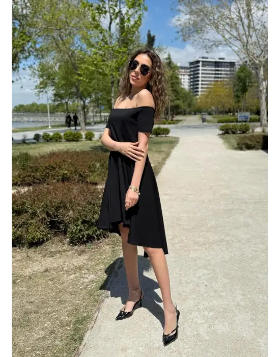 Kadın Kısa Kollu Madonna Yaka önü Kısa Arkası Uzun Ithal Krep Elbise