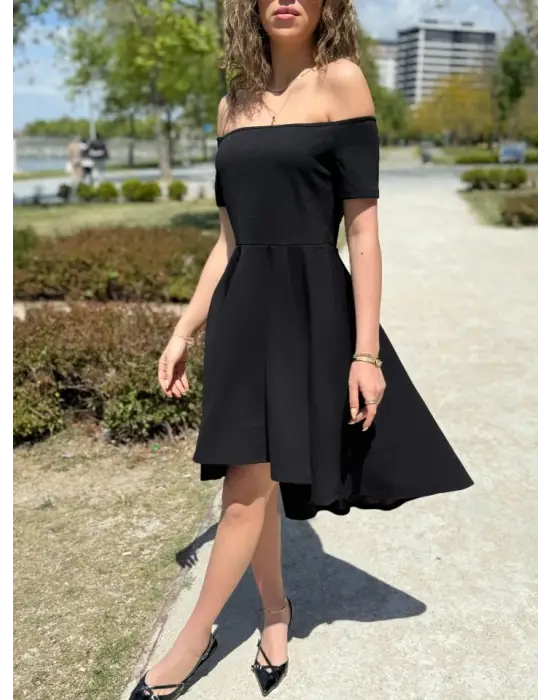 Kadın Kısa Kollu Madonna Yaka önü Kısa Arkası Uzun Ithal Krep Elbise