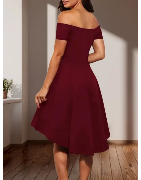 Kadın Kısa Kollu Madonna Yaka önü Kısa Arkası Uzun Ithal Krep Elbise