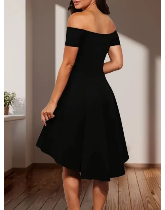 Kadın Kısa Kollu Madonna Yaka önü Kısa Arkası Uzun Ithal Krep Elbise