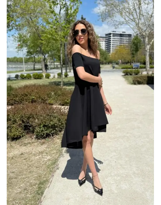 Kadın Kısa Kollu Madonna Yaka önü Kısa Arkası Uzun Ithal Krep Elbise