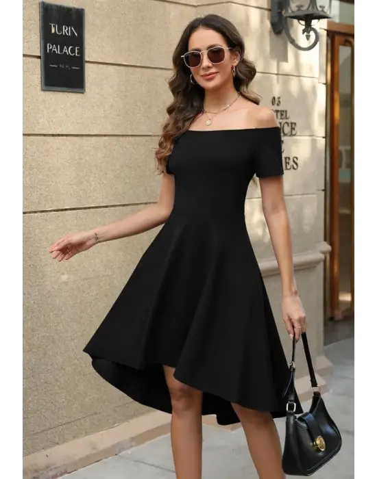 Kadın Kısa Kollu Madonna Yaka önü Kısa Arkası Uzun Ithal Krep Elbise