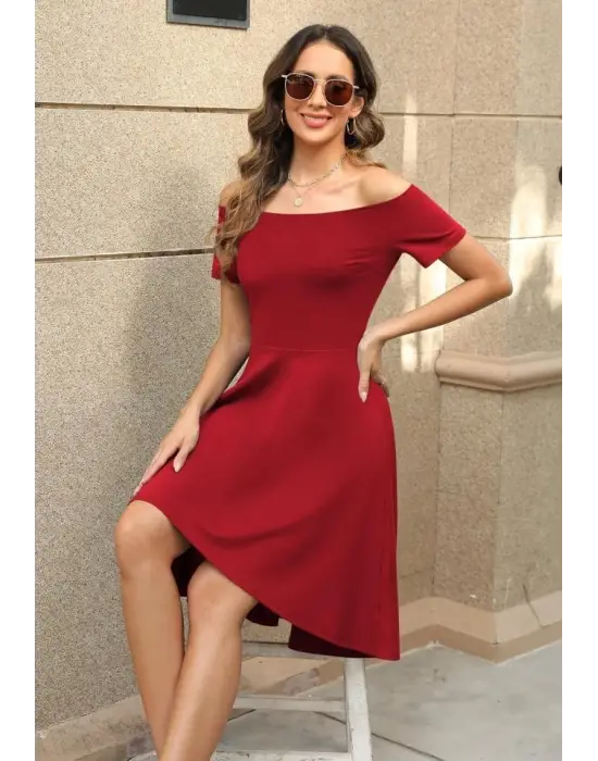 Kadın Kısa Kollu Madonna Yaka önü Kısa Arkası Uzun Ithal Krep Elbise