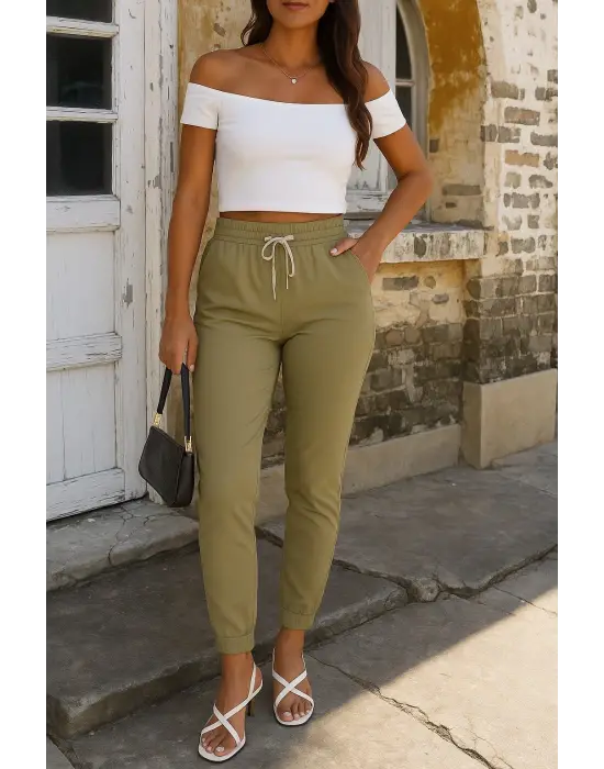 Kadın Kısa Kollu Madonna Yaka Viskon Crop Bluz Cepli Iki Iplik Eşofman Takım