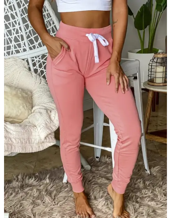 Kadın Kısa Kollu Madonna Yaka Viskon Crop Bluz Cepli Iki Iplik Eşofman Takım