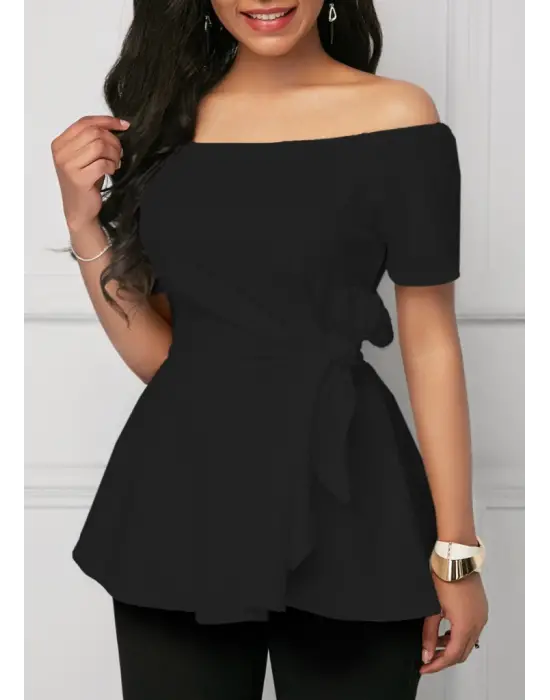 Kadın Kısa Kollu Madonna Yaka Yandan Bağlamalı Ithal Krep Bluz