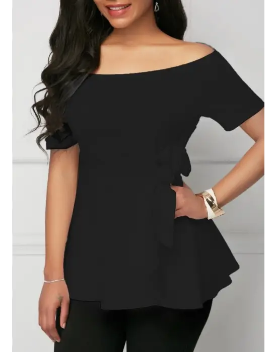 Kadın Kısa Kollu Madonna Yaka Yandan Bağlamalı Ithal Krep Bluz