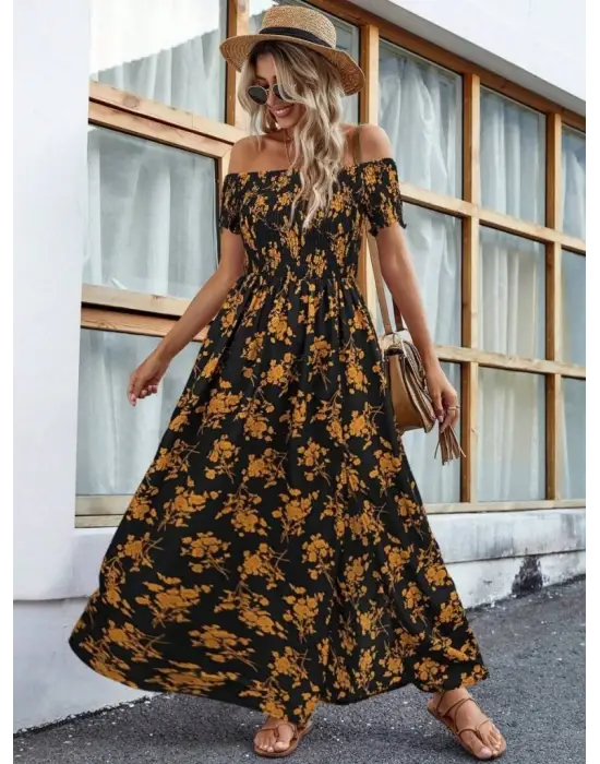 Kadın Kısa Kollu Madonna Yaka Yırtmaçlı çiçek Desenli Süprem Elbise