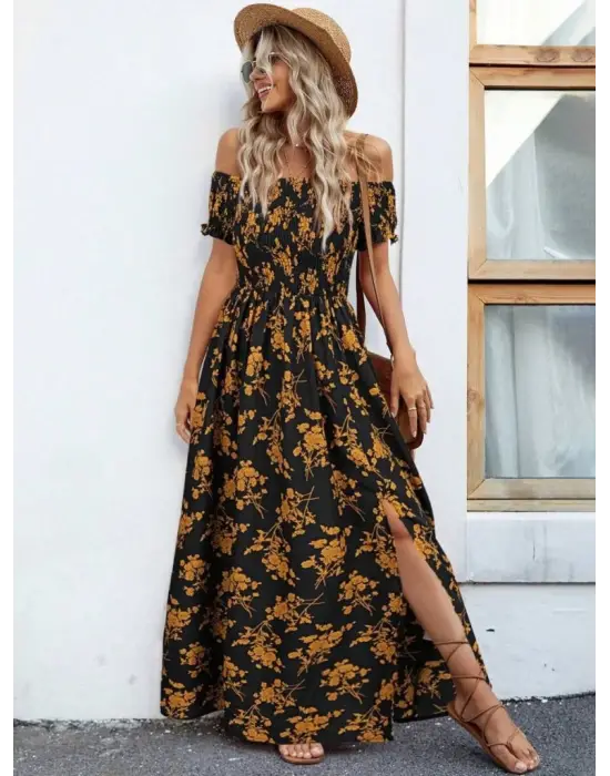 Kadın Kısa Kollu Madonna Yaka Yırtmaçlı çiçek Desenli Süprem Elbise