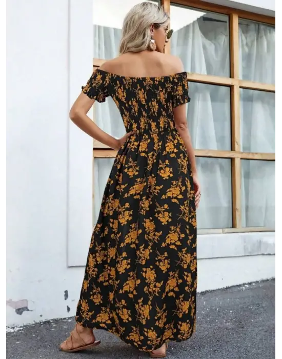 Kadın Kısa Kollu Madonna Yaka Yırtmaçlı çiçek Desenli Süprem Elbise