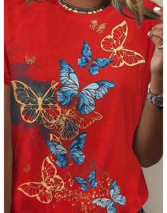 Kadın Kısa Kollu Mavi Sarı Kelebek Baskı Süprem Bluz