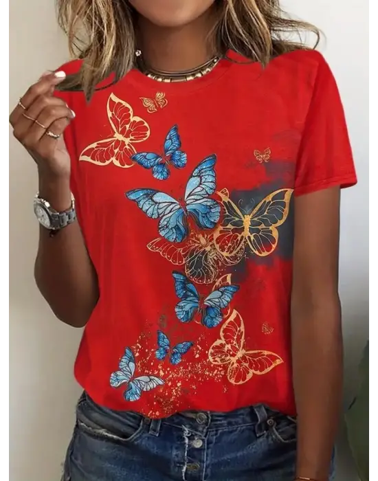 Kadın Kısa Kollu Mavi Sarı Kelebek Baskı Süprem Bluz